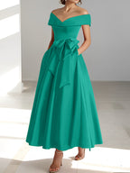 Vestidos de corte princesa/línea A, sin mangas, hasta el tobillo, con hombros descubiertos y bolsillos para la madre de la novia 