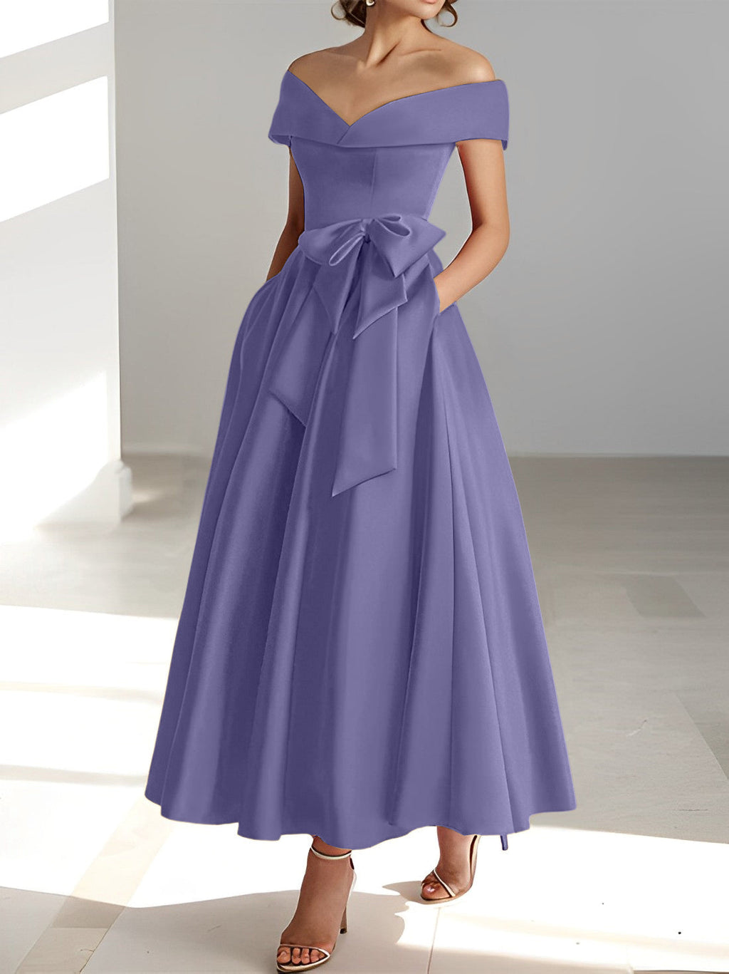Vestidos de corte princesa/línea A, sin mangas, hasta el tobillo, con hombros descubiertos y bolsillos para la madre de la novia 