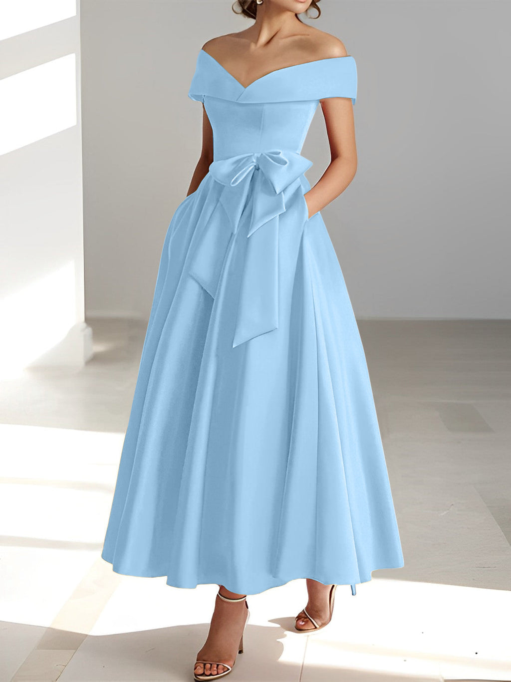Vestidos de corte princesa/línea A, sin mangas, hasta el tobillo, con hombros descubiertos y bolsillos para la madre de la novia 