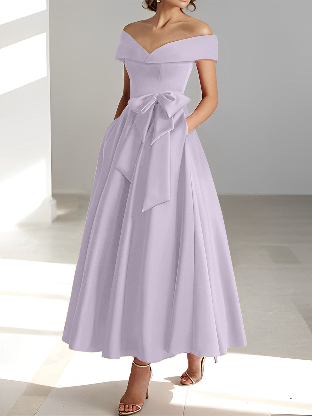 Vestidos de corte princesa/línea A, sin mangas, hasta el tobillo, con hombros descubiertos y bolsillos para la madre de la novia 