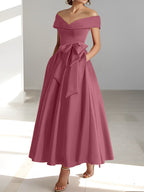Vestidos de corte princesa/línea A, sin mangas, hasta el tobillo, con hombros descubiertos y bolsillos para la madre de la novia 