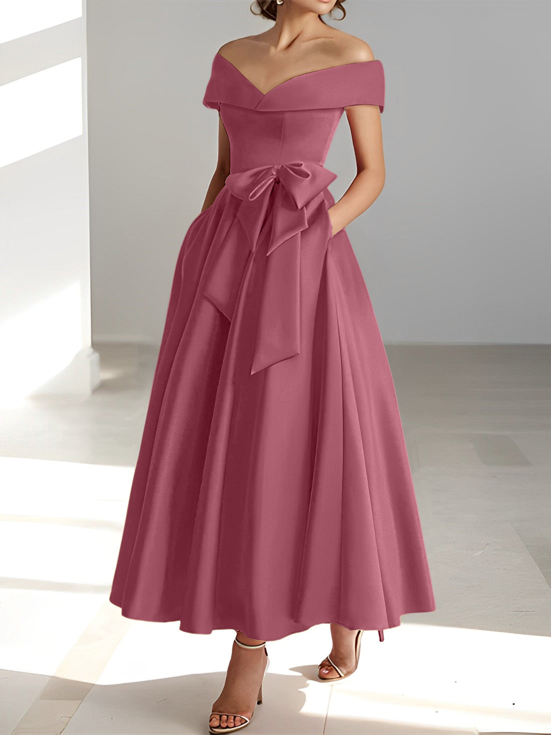Robes de mère de la mariée de coupe trapèze/princesse, épaules dénudées, sans manches, longueur cheville, avec poches 