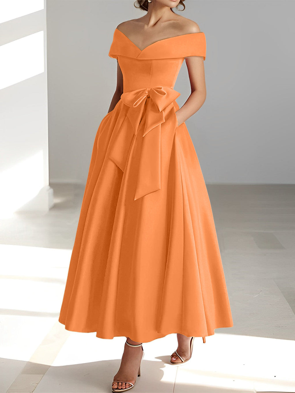 Vestidos de corte princesa/línea A, sin mangas, hasta el tobillo, con hombros descubiertos y bolsillos para la madre de la novia 