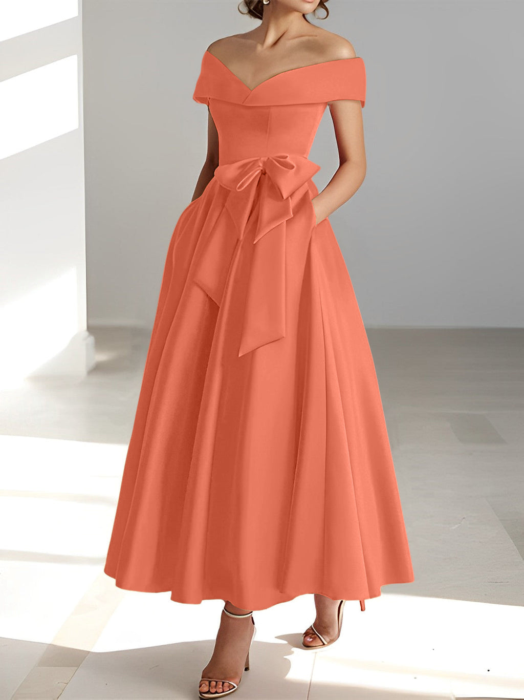 Vestidos de corte princesa/línea A, sin mangas, hasta el tobillo, con hombros descubiertos y bolsillos para la madre de la novia 
