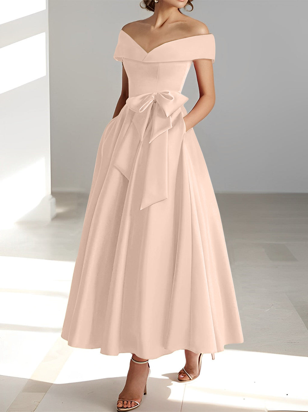 Vestidos de corte princesa/línea A, sin mangas, hasta el tobillo, con hombros descubiertos y bolsillos para la madre de la novia 