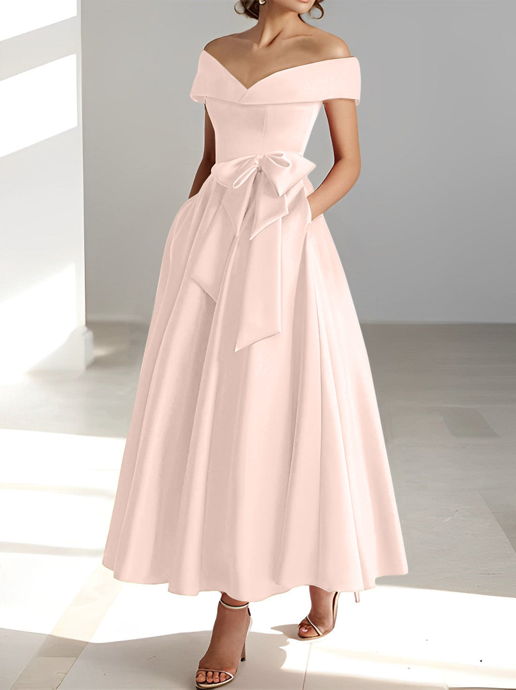 Vestidos de corte princesa/línea A, sin mangas, hasta el tobillo, con hombros descubiertos y bolsillos para la madre de la novia 