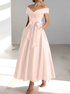 Vestidos de corte princesa/línea A, sin mangas, hasta el tobillo, con hombros descubiertos y bolsillos para la madre de la novia 