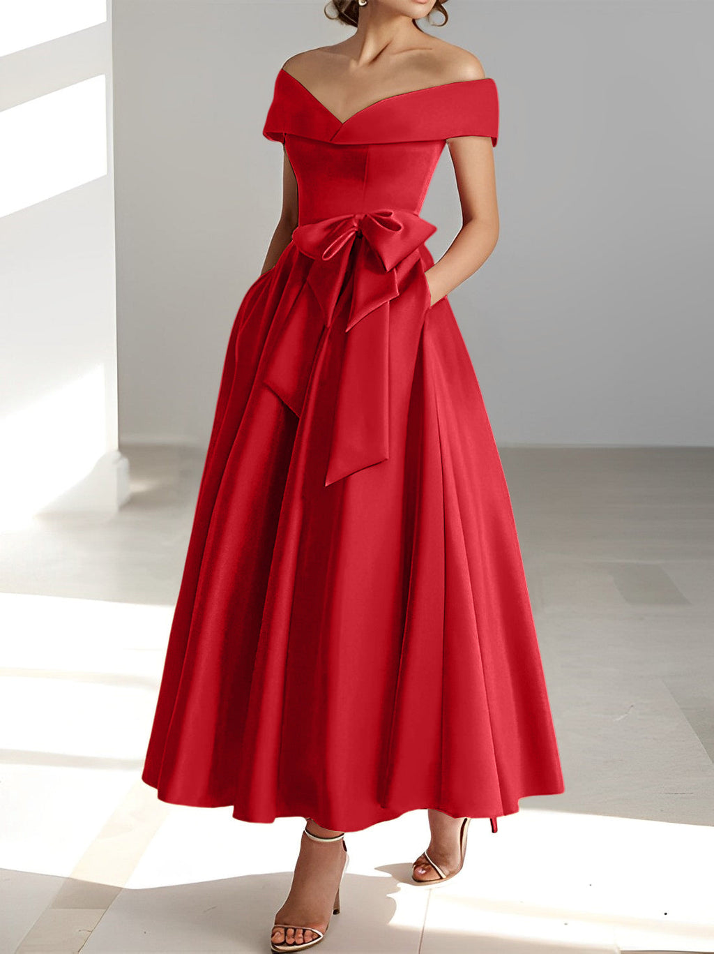 Vestidos de corte princesa/línea A, sin mangas, hasta el tobillo, con hombros descubiertos y bolsillos para la madre de la novia 
