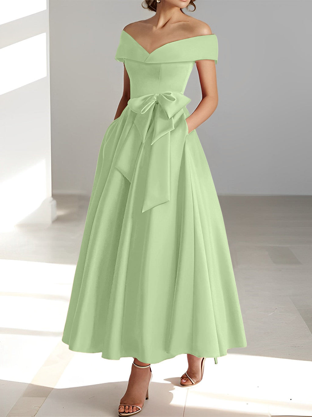 Vestidos de corte princesa/línea A, sin mangas, hasta el tobillo, con hombros descubiertos y bolsillos para la madre de la novia 