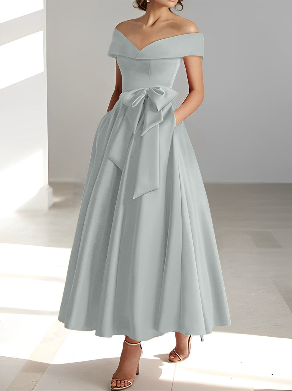 Vestidos de corte princesa/línea A, sin mangas, hasta el tobillo, con hombros descubiertos y bolsillos para la madre de la novia 