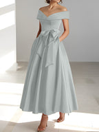 Vestidos de corte princesa/línea A, sin mangas, hasta el tobillo, con hombros descubiertos y bolsillos para la madre de la novia 