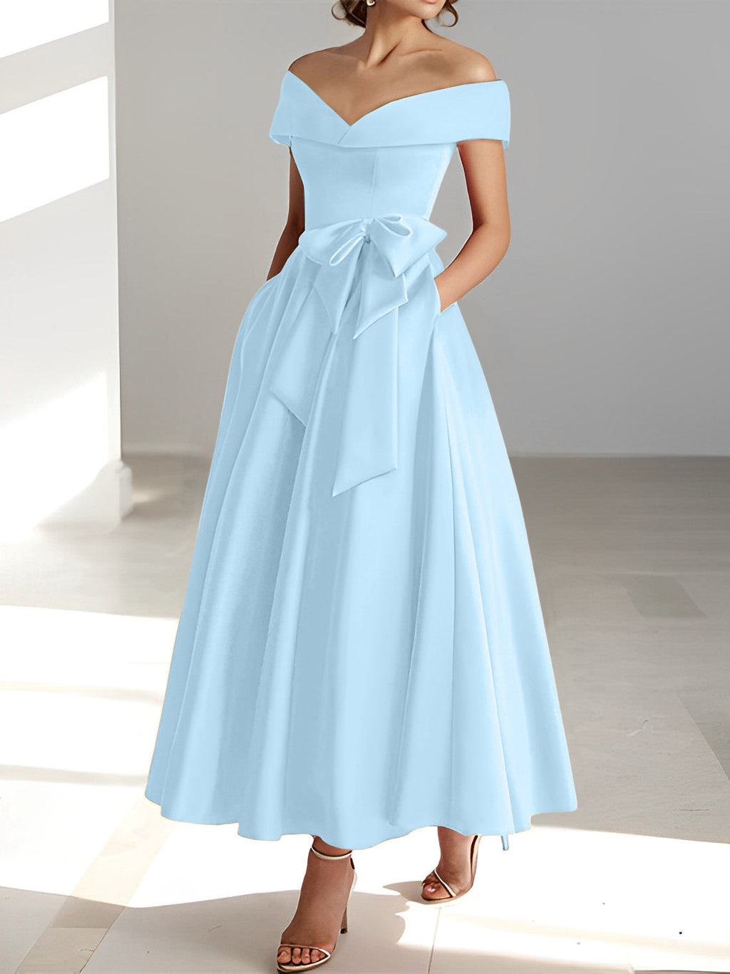 Vestidos de corte princesa/línea A, sin mangas, hasta el tobillo, con hombros descubiertos y bolsillos para la madre de la novia 