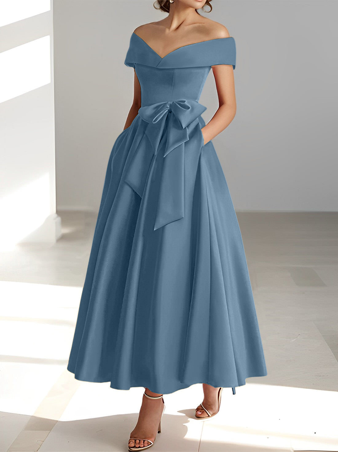 Robes de mère de la mariée de coupe trapèze/princesse, épaules dénudées, sans manches, longueur cheville, avec poches 