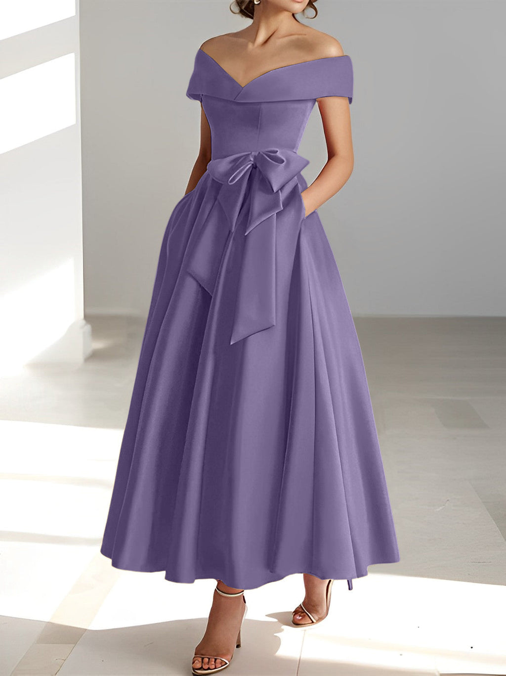 Vestidos de corte princesa/línea A, sin mangas, hasta el tobillo, con hombros descubiertos y bolsillos para la madre de la novia 