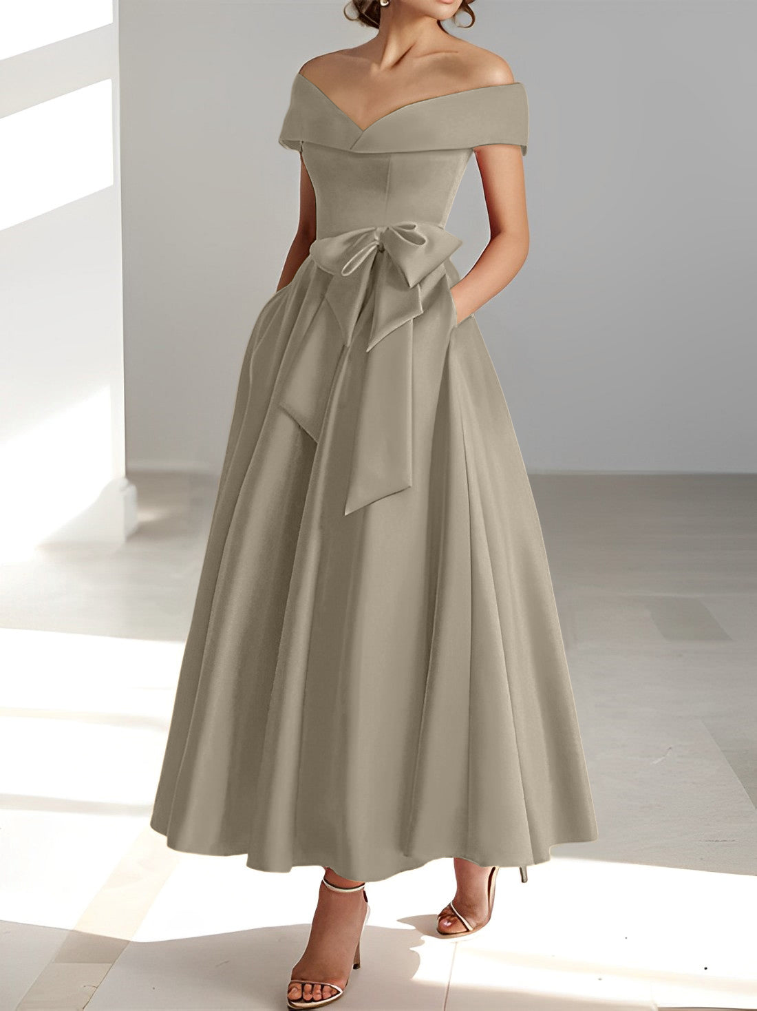 Robes de mère de la mariée de coupe trapèze/princesse, épaules dénudées, sans manches, longueur cheville, avec poches 