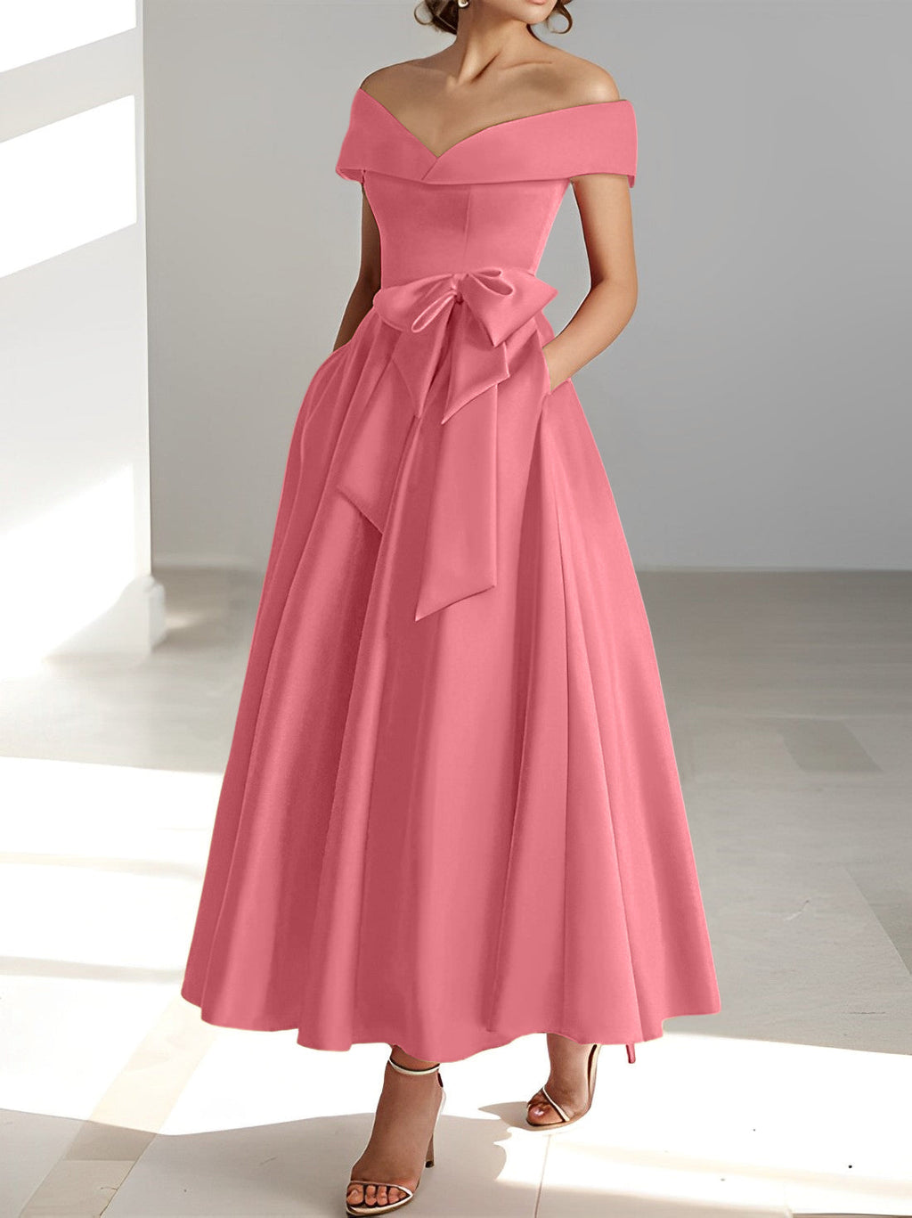 Vestidos de corte princesa/línea A, sin mangas, hasta el tobillo, con hombros descubiertos y bolsillos para la madre de la novia 