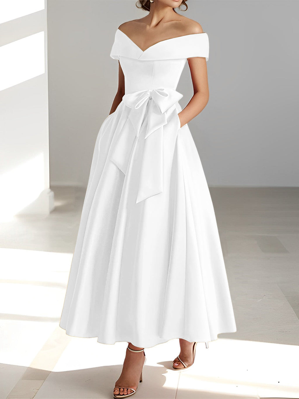 Vestidos de corte princesa/línea A, sin mangas, hasta el tobillo, con hombros descubiertos y bolsillos para la madre de la novia 