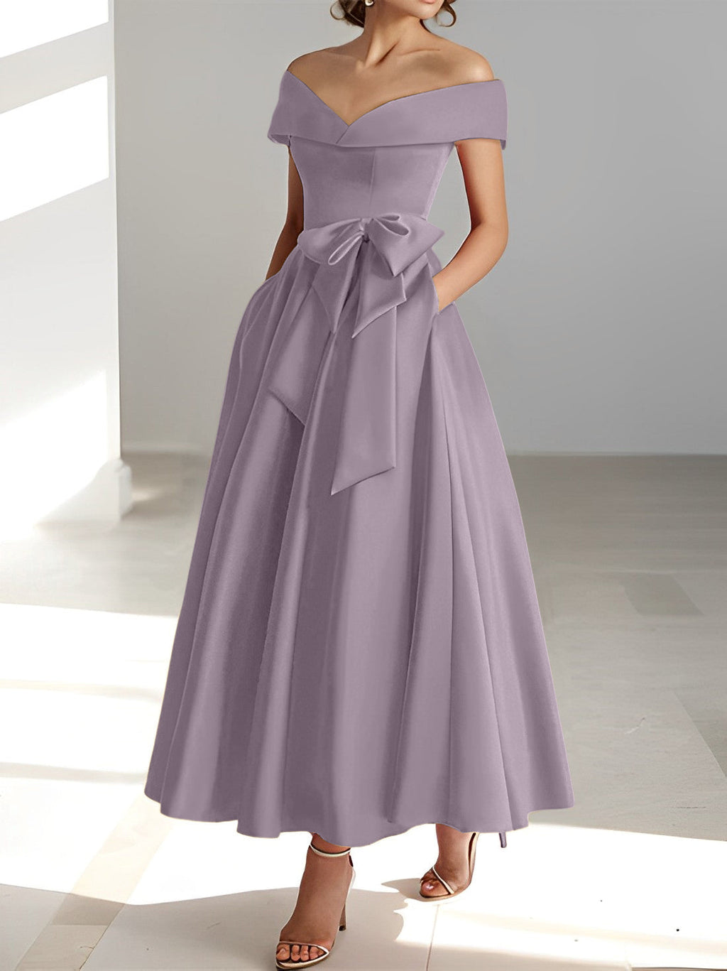 Vestidos de corte princesa/línea A, sin mangas, hasta el tobillo, con hombros descubiertos y bolsillos para la madre de la novia 
