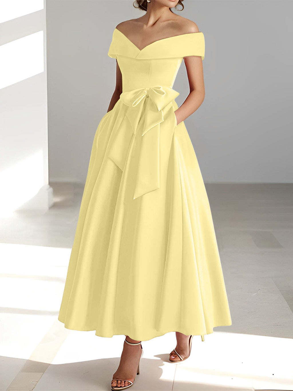 Vestidos de corte princesa/línea A, sin mangas, hasta el tobillo, con hombros descubiertos y bolsillos para la madre de la novia 