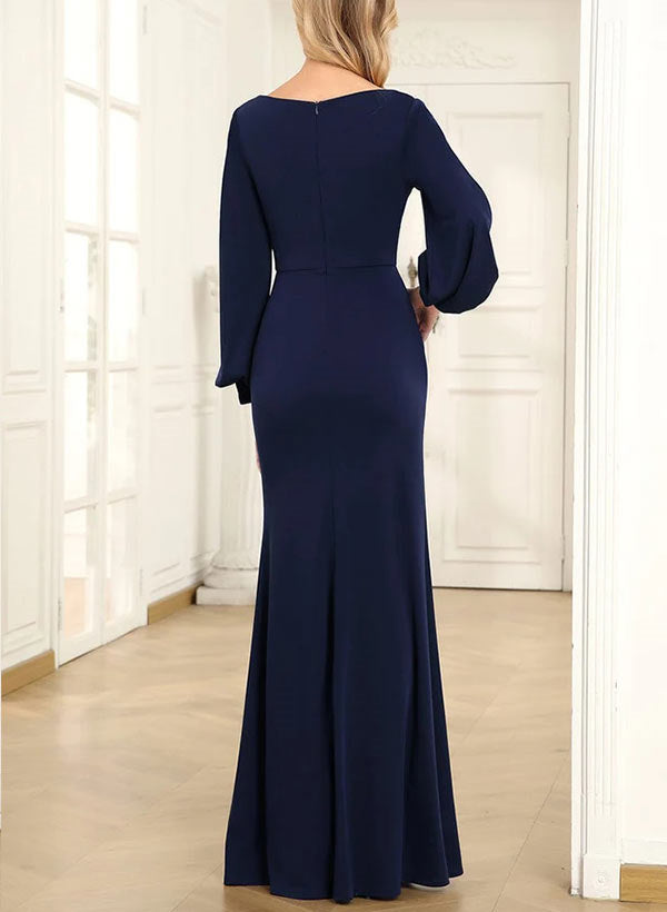 Vestidos de corte recto/columna con cuello drapeado, mangas largas y largo hasta el suelo para la madre de la novia 