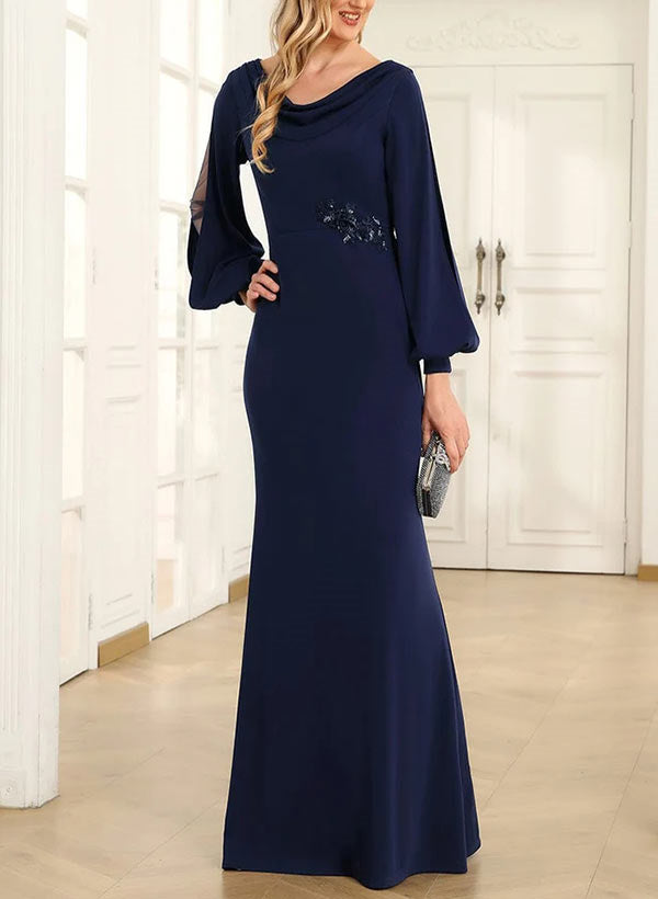 Vestidos de corte recto/columna con cuello drapeado, mangas largas y largo hasta el suelo para la madre de la novia 