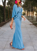 Vestidos de corte recto/columna para la madre de la novia, con escote en V, manga tres cuartos, largo hasta el suelo y abertura frontal. 