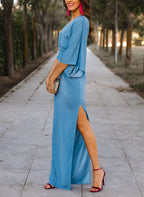 Vestidos de corte recto/columna para la madre de la novia, con escote en V, manga tres cuartos, largo hasta el suelo y abertura frontal. 