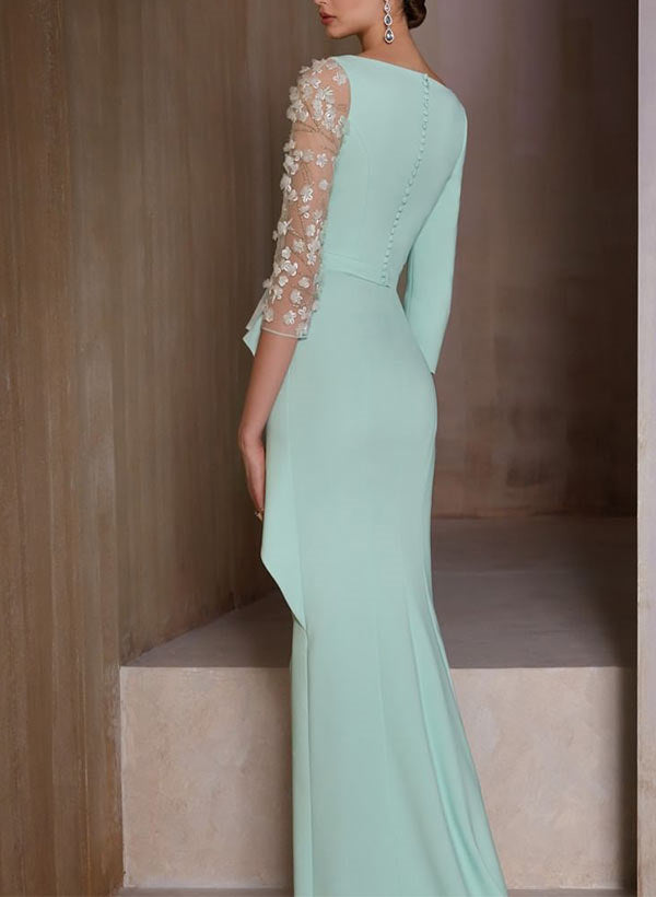 Vestidos de corte recto/columna para la madre de la novia, con escote en V, mangas 3/4 y largo hasta el suelo, con apliques. 