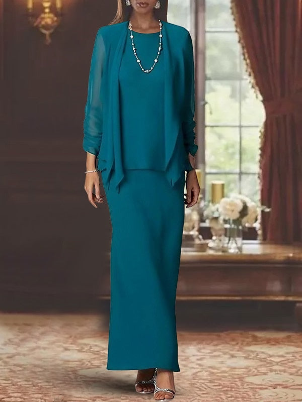 Vestidos de corte recto/columna, escote redondo, manga larga y largo hasta el suelo para la madre de la novia 