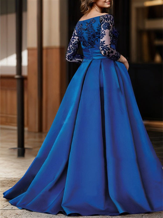 Vestidos de corte princesa/línea A con hombros descubiertos y mangas tres cuartos hasta el suelo para la madre de la novia 