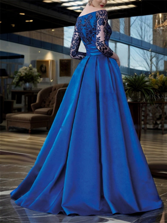 Vestidos de corte princesa/línea A con hombros descubiertos y mangas tres cuartos hasta el suelo para la madre de la novia 