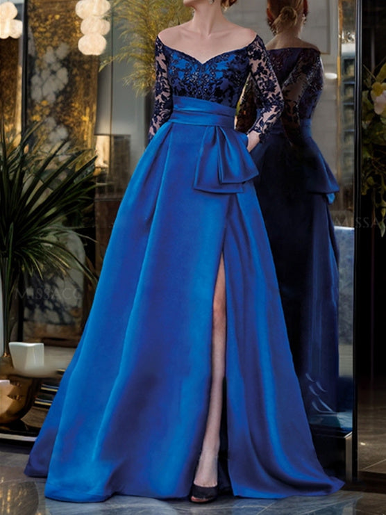 Vestidos de corte princesa/línea A con hombros descubiertos y mangas tres cuartos hasta el suelo para la madre de la novia 