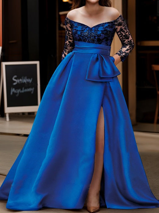 Vestidos de corte princesa/línea A con hombros descubiertos y mangas tres cuartos hasta el suelo para la madre de la novia 