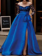 Vestidos de corte princesa/línea A con hombros descubiertos y mangas tres cuartos hasta el suelo para la madre de la novia 