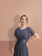 Robes de mère de la mariée trapèze/princesse à manches courtes et col rond 