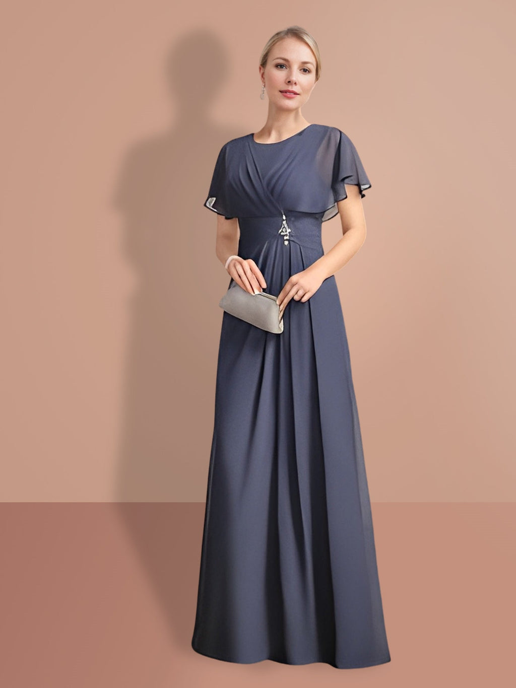 Robes de mère de la mariée trapèze/princesse à manches courtes et col rond 