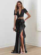 Vestidos de corte sirena/trompeta hasta el suelo para la madre de la novia, con escote en V y volantes 