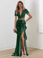 Vestidos de corte sirena/trompeta hasta el suelo para la madre de la novia, con escote en V y volantes 