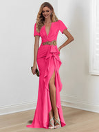 Vestidos de corte sirena/trompeta hasta el suelo para la madre de la novia, con escote en V y volantes 