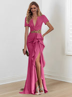 Vestidos de corte sirena/trompeta hasta el suelo para la madre de la novia, con escote en V y volantes 