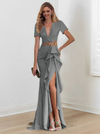 Vestidos de corte sirena/trompeta hasta el suelo para la madre de la novia, con escote en V y volantes 