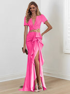 Vestidos de corte sirena/trompeta hasta el suelo para la madre de la novia, con escote en V y volantes 