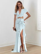 Vestidos de corte sirena/trompeta hasta el suelo para la madre de la novia, con escote en V y volantes 
