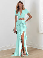 Vestidos de corte sirena/trompeta hasta el suelo para la madre de la novia, con escote en V y volantes 