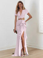 Vestidos de corte sirena/trompeta hasta el suelo para la madre de la novia, con escote en V y volantes 