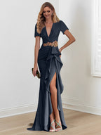 Vestidos de corte sirena/trompeta hasta el suelo para la madre de la novia, con escote en V y volantes 