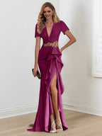Vestidos de corte sirena/trompeta hasta el suelo para la madre de la novia, con escote en V y volantes 