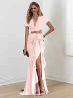 Vestidos de corte sirena/trompeta hasta el suelo para la madre de la novia, con escote en V y volantes 