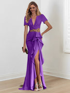 Vestidos de corte sirena/trompeta hasta el suelo para la madre de la novia, con escote en V y volantes 