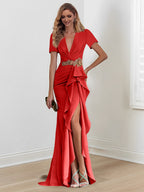 Vestidos de corte sirena/trompeta hasta el suelo para la madre de la novia, con escote en V y volantes 